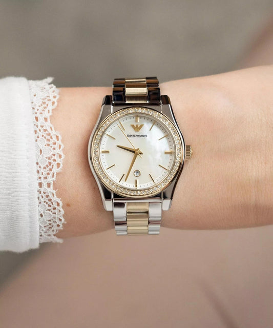 Emporio Armani 32mm Stainless Steel and Yellow Gold Tone Crystal Ladies Watch AR11559