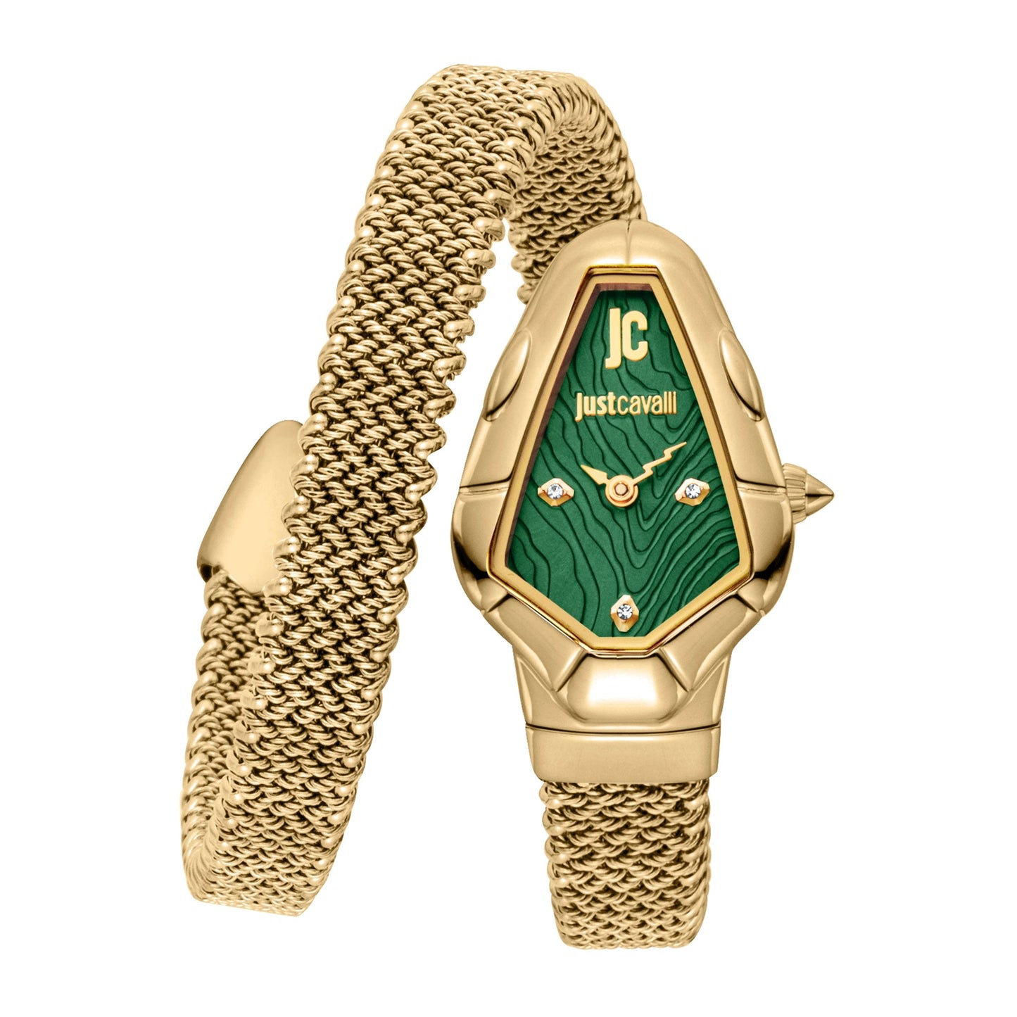 Just Cavalli Fiamma Green Dial Gold Steel Strap Watch for Women | JC1L426M0035