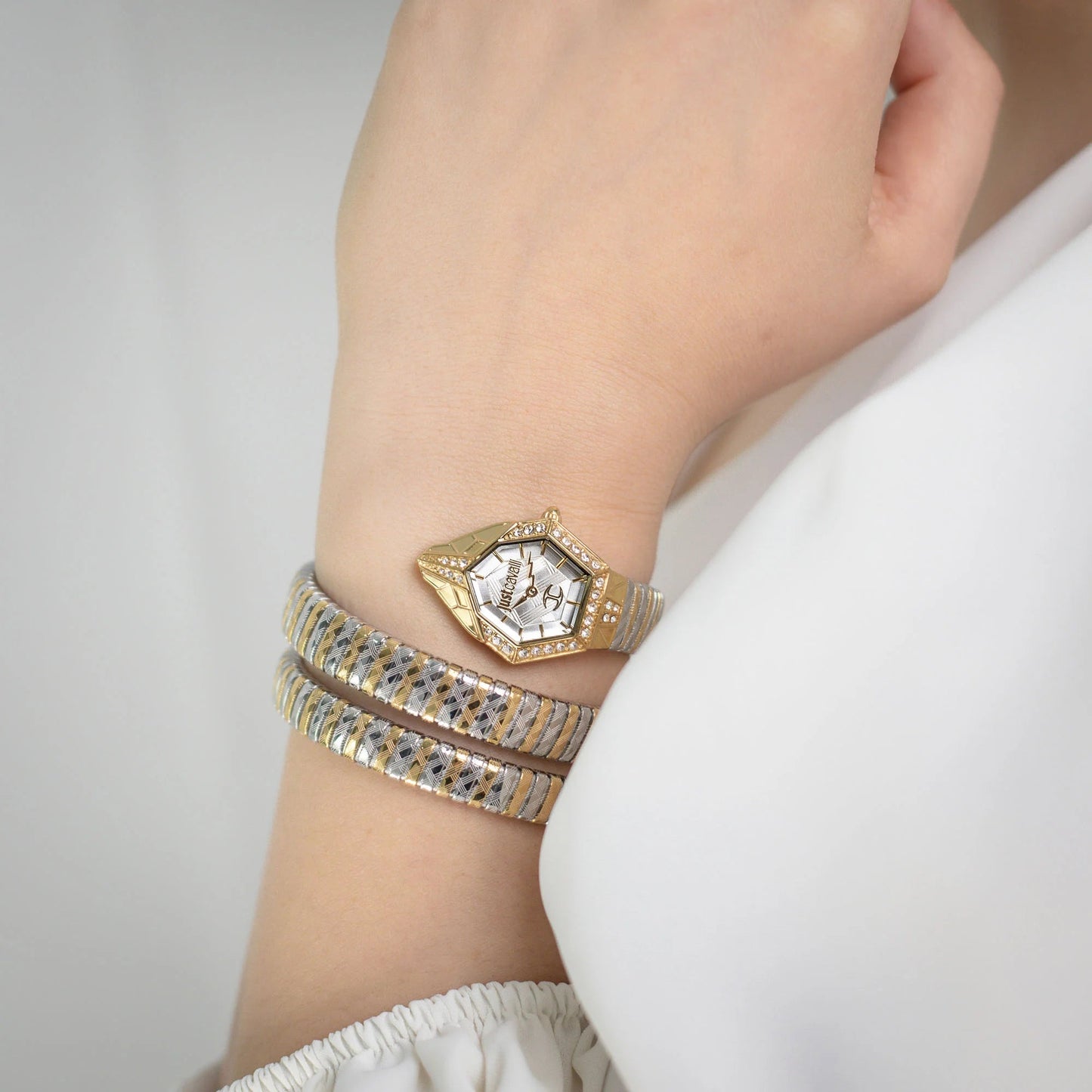 Just Cavalli Mesmerizing White Dial Two Tone Steel Strap Watch for Women | JC1L304M0055